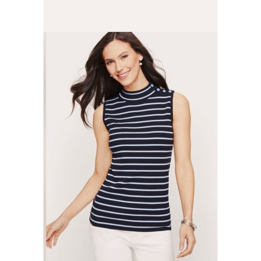 NWT Talbots Navy Blue White Striped Nautical Classic Sleeveless Top Size PXL